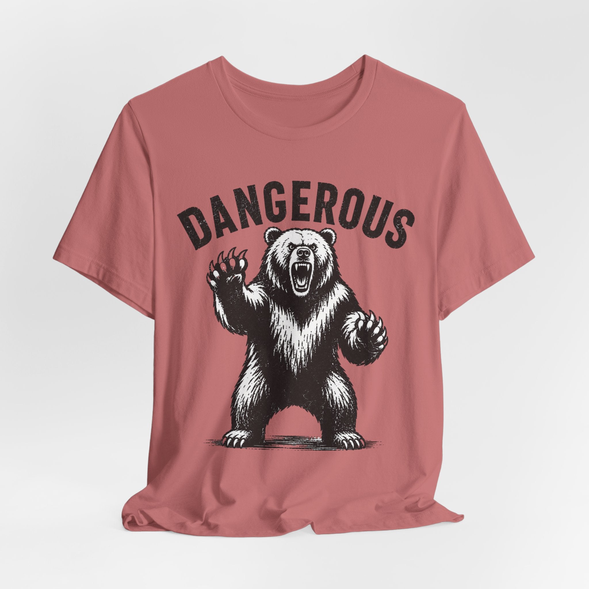 Dangerous Bear Funny Grizzly T-Shirt in White worn shot - bold vintage grizzly bear humor shirt, Barely Outdoorsy Bella Canvas