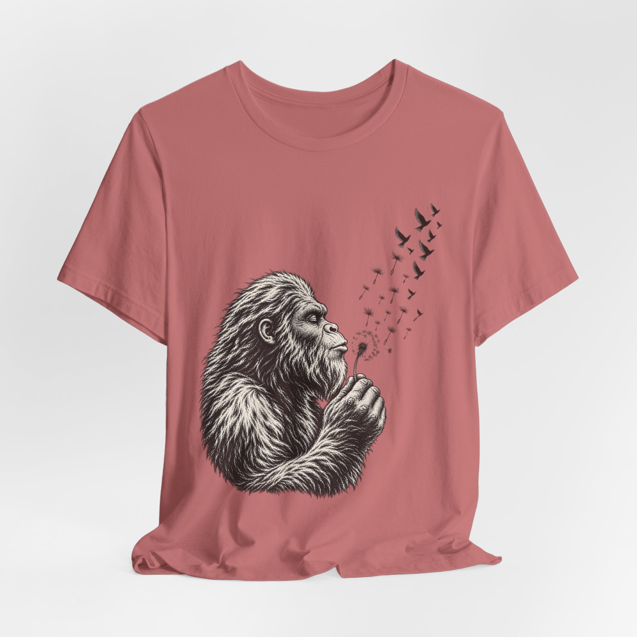 Bigfoot Blowing Dandelion Wishes T-Shirt in Heather True Royal - funny Bigfoot dandelion graphic tee, Barely Outdoorsy Bella Canvas