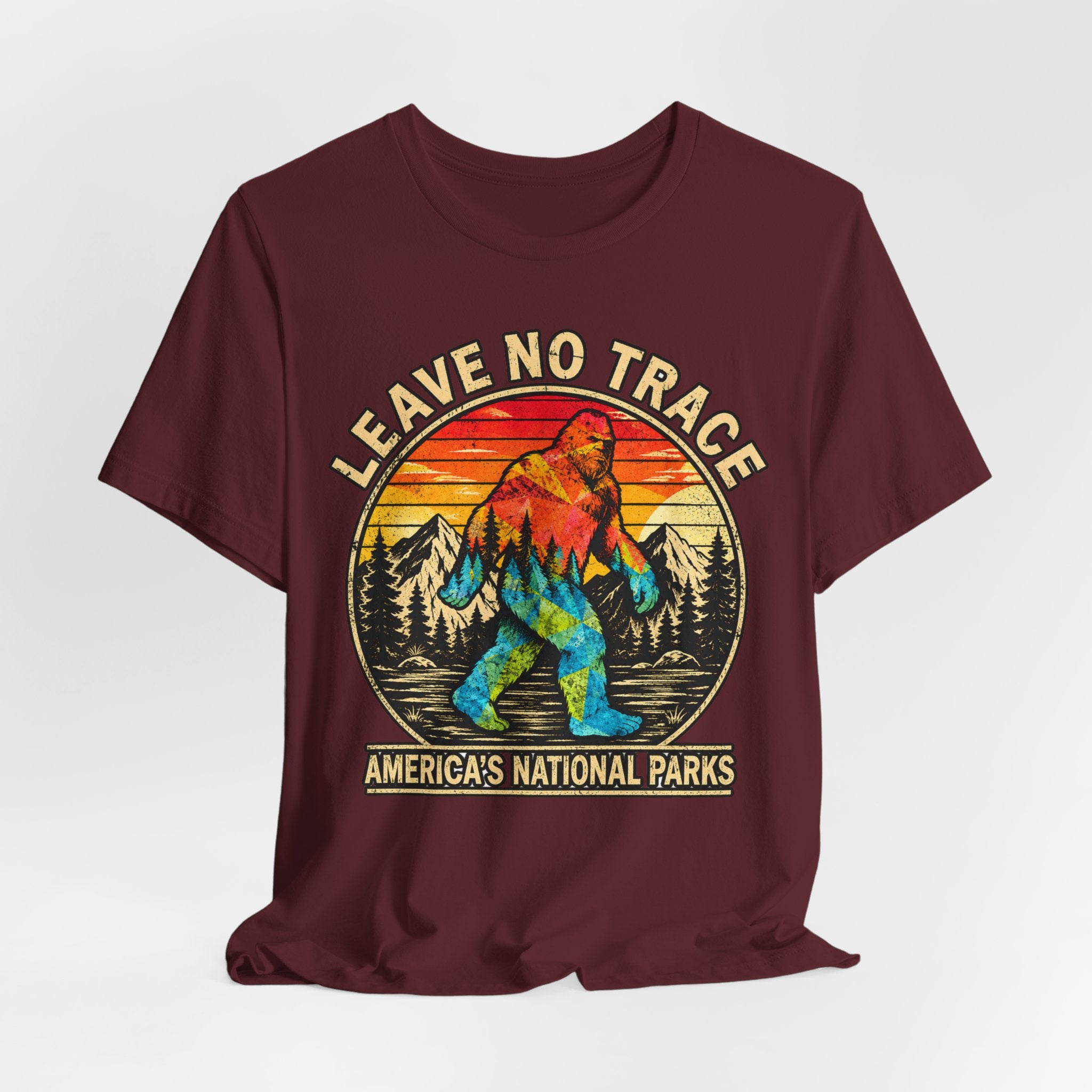 Leave No Trace Bigfoot T-Shirt in Heather True Royal detail - Bigfoot leave no trace close-up graphic, Barely Outdoorsy Bella Canvas