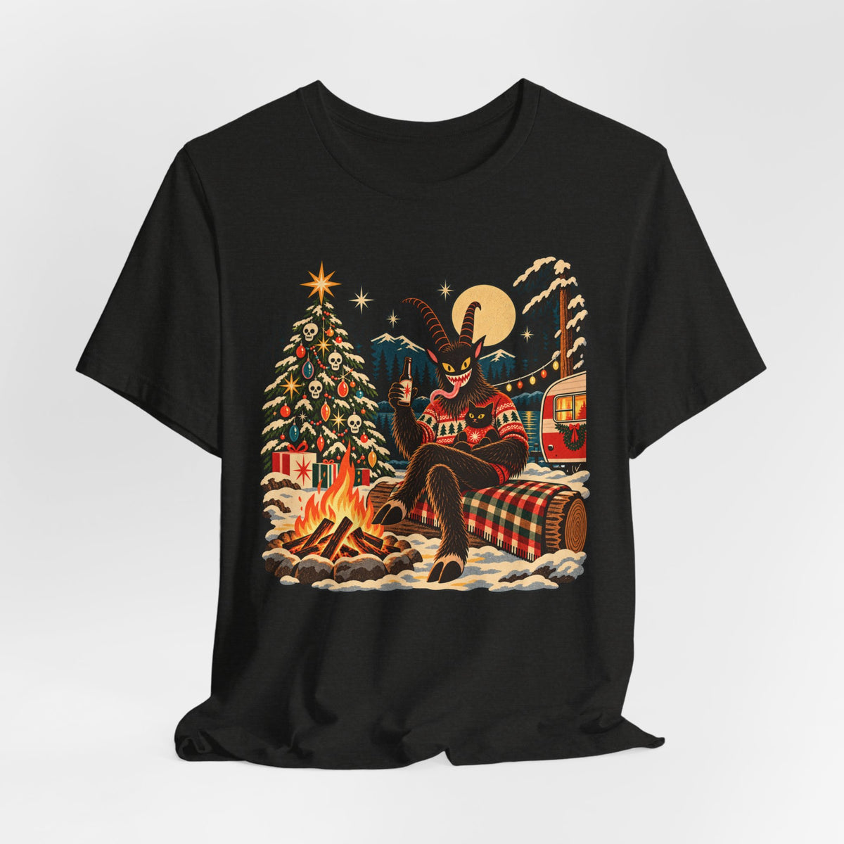 Krampus Campfire Christmas T-Shirt in Heather Cool Grey - funny dark Krampus campfire Christmas holiday graphic tee, Barely Outdoorsy
