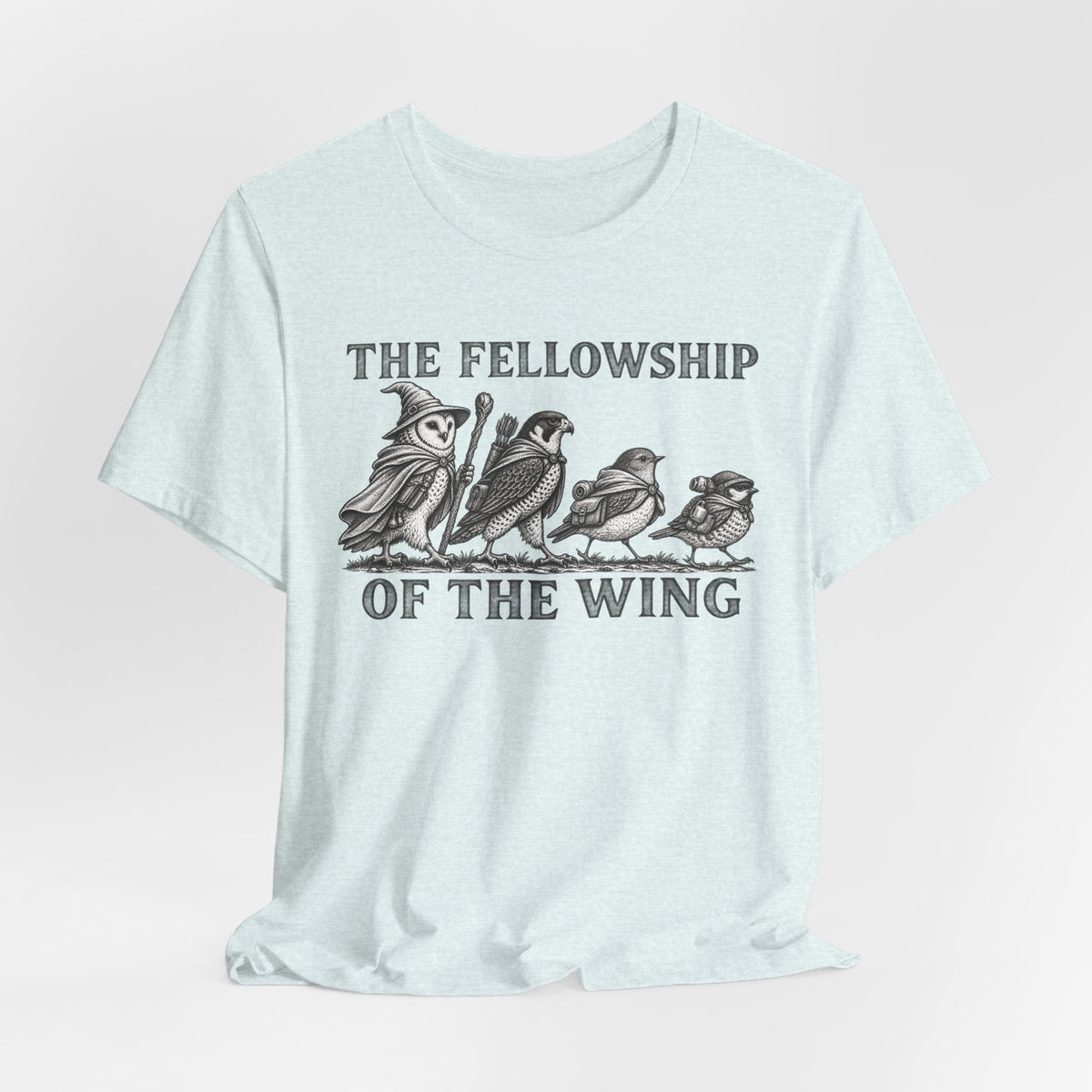 The Fellowship of the Wing T-Shirt flat lay Athletic Heather - unisex crew neck murmuration graphic tee, Barely Outdoorsy