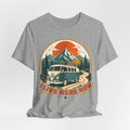 I Live Here Now T-Shirt in Heather Aqua - retro camper van mountain winding road tee, Barely Outdoorsy