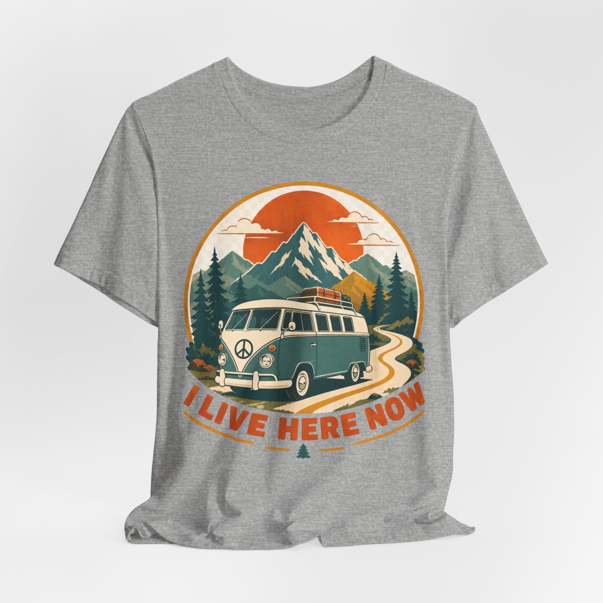 I Live Here Now T-Shirt in Heather Aqua - retro camper van mountain winding road tee, Barely Outdoorsy