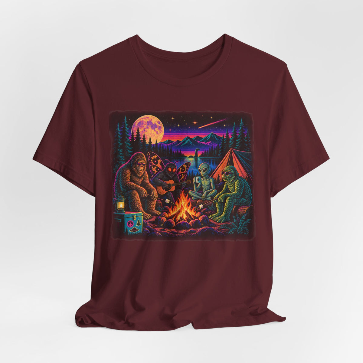 Cryptid Campfire Hangout Tee in White - funny Bigfoot alien camping shirt, Barely Outdoorsy Bella Canvas 3001