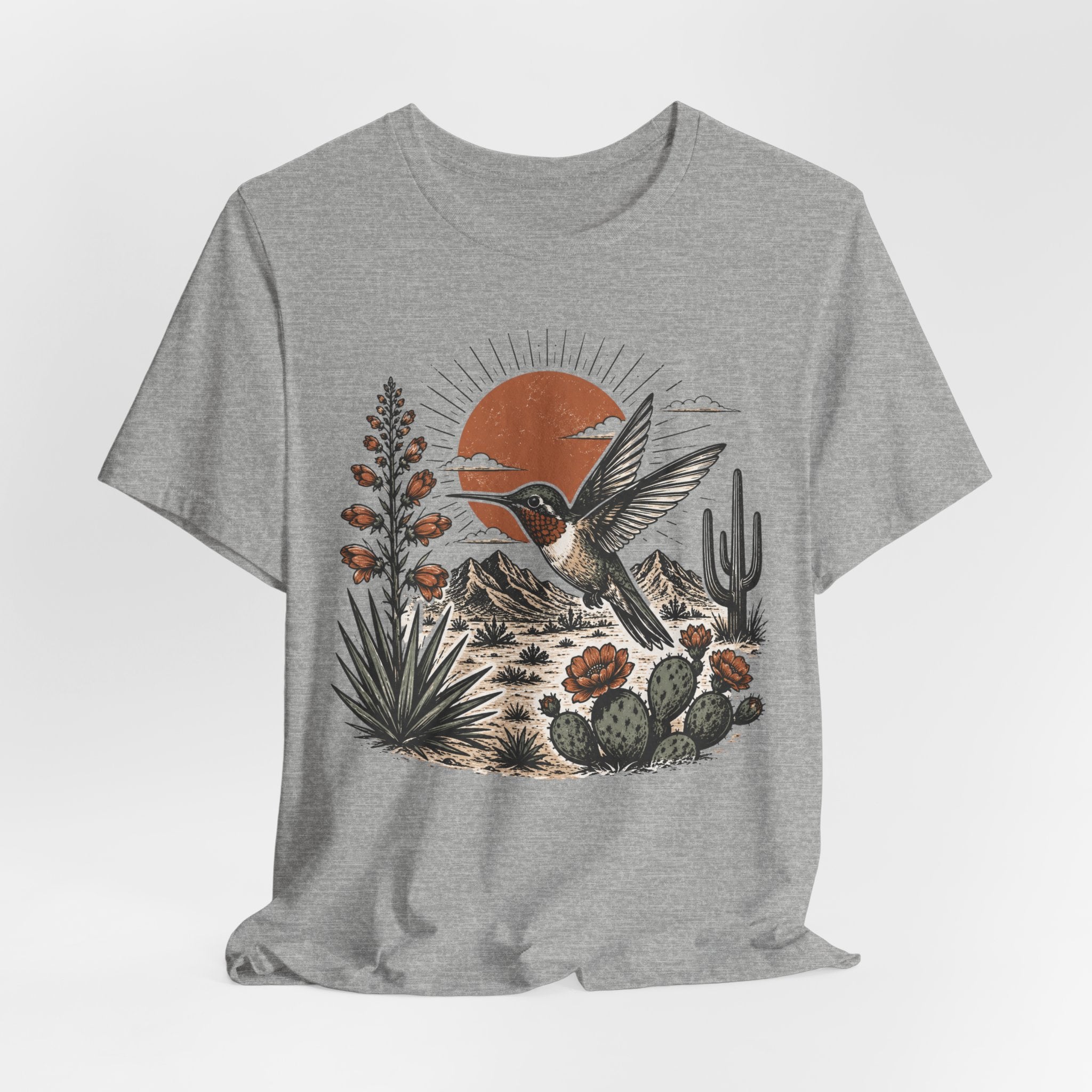 Sunset Hummingbird Desert Adventure T-Shirt in Athletic Heather - vibrant hummingbird desert sunset Southwest graphic tee, Barely Outdoorsy Bella Canvas 3001