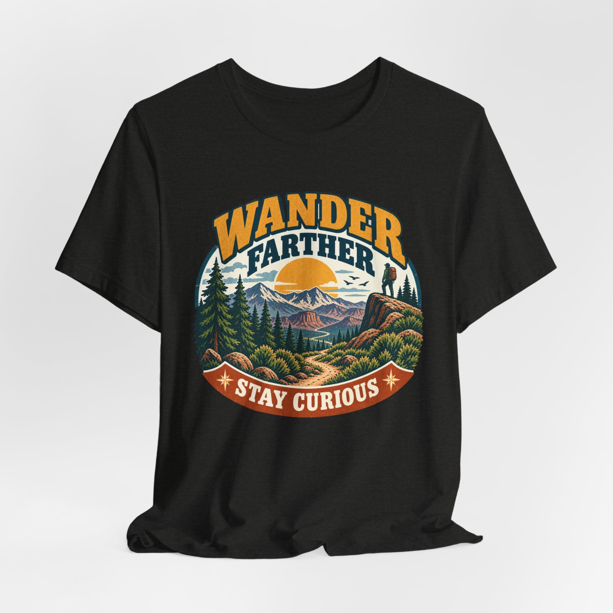 Wander Farther Stay Curious T-Shirt in Athletic Heather - retro mountain adventure graphic tee, Barely Outdoorsy Bella Canvas 3001