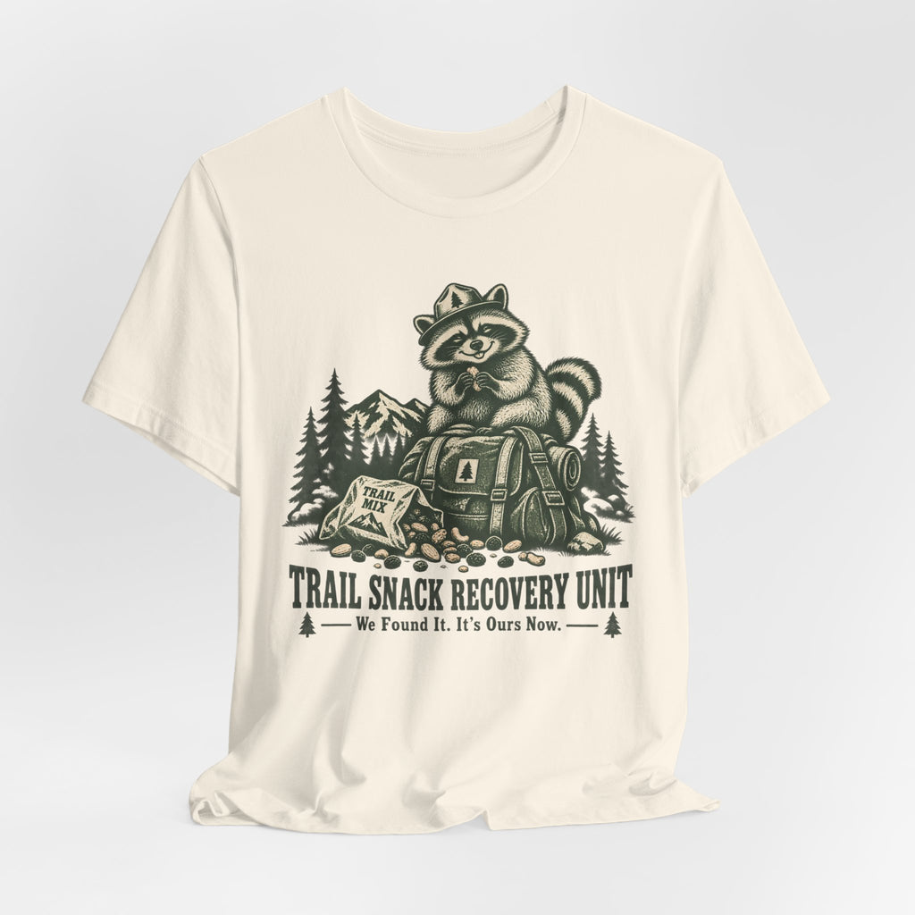 Trail Snack Recovery Unit T-Shirt in Athletic Heather - funny hiking trail snack humor graphic tee, Barely Outdoorsy Bella Canvas 3001