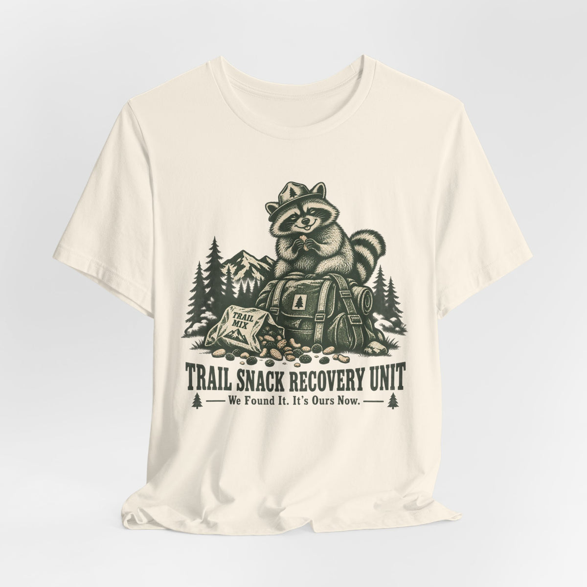 Trail Snack Recovery Unit T-Shirt in Athletic Heather - funny hiking trail snack humor graphic tee, Barely Outdoorsy Bella Canvas 3001