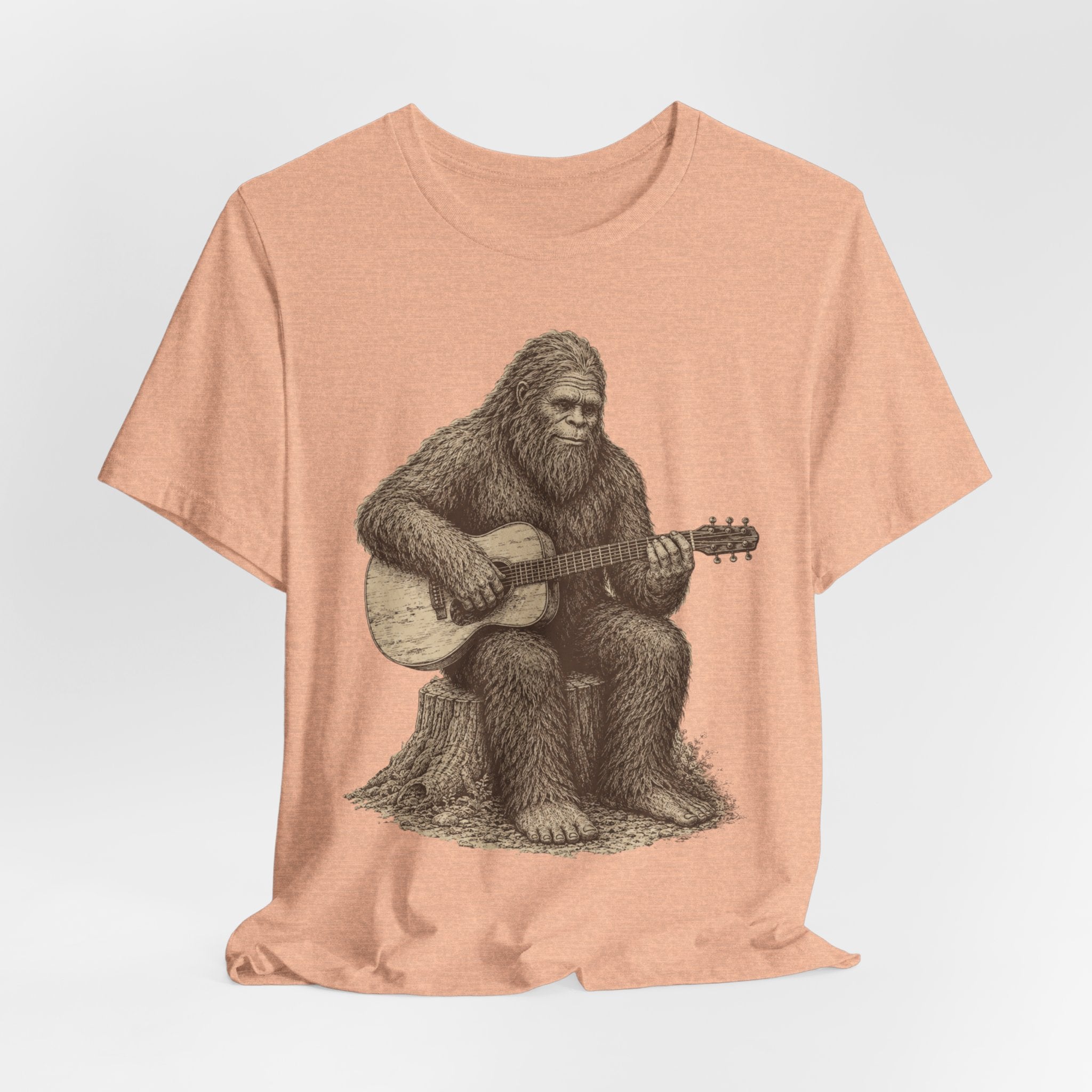Bigfoot Guitar Tee in White - retro engraving Bigfoot guitar woods portrait shirt, Barely Outdoorsy