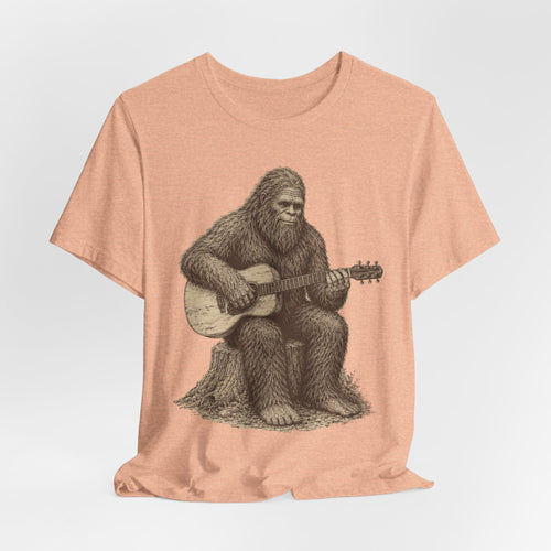 Bigfoot Guitar Tee in White - retro engraving Bigfoot guitar woods portrait shirt, Barely Outdoorsy