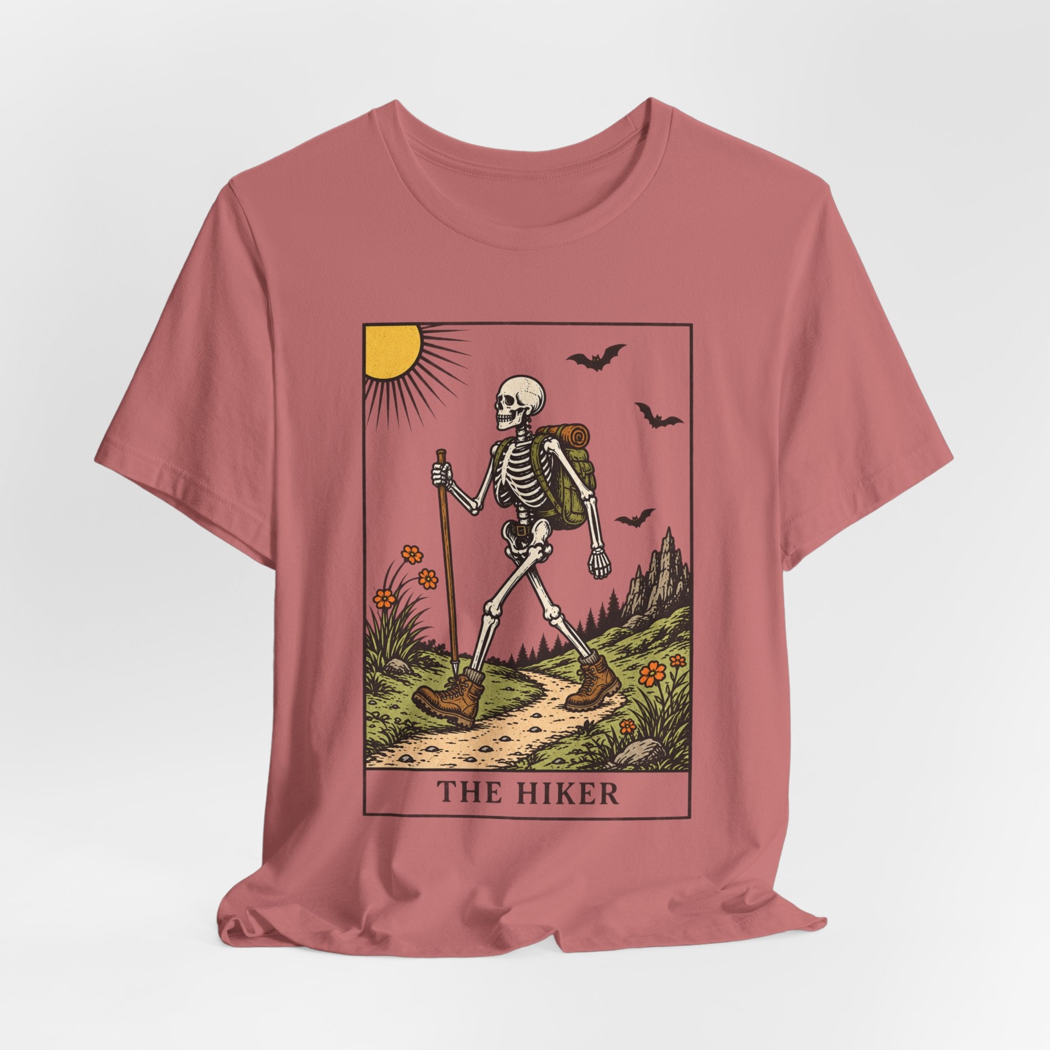 The Hiker Tarot Card T-Shirt in Heather Prism Lilac - funny tarot hiking skeleton tee, Barely Outdoorsy