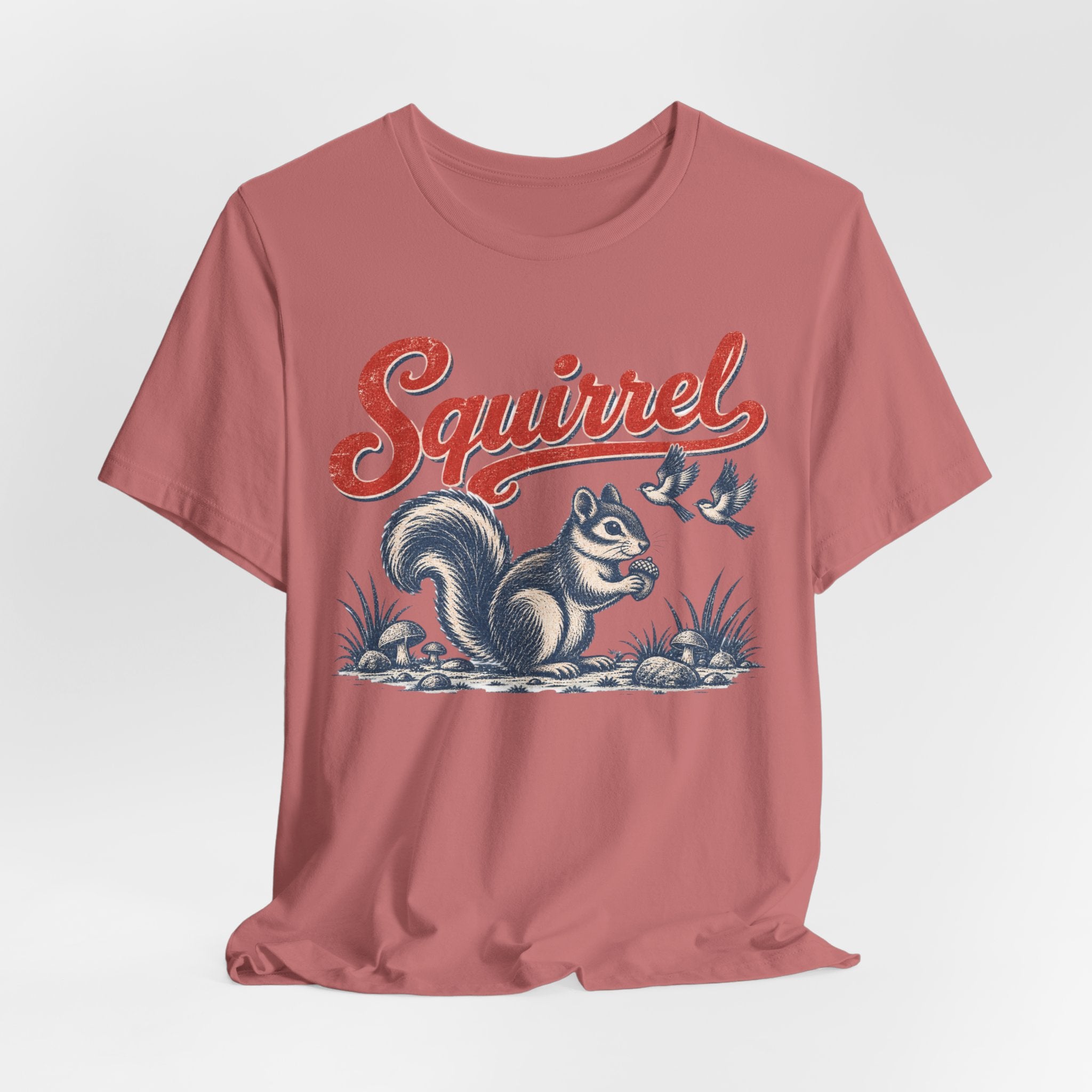 Vintage Squirrel Woodland Tee in Heather Peach - retro squirrel engraving shirt, Barely Outdoorsy Bella Canvas