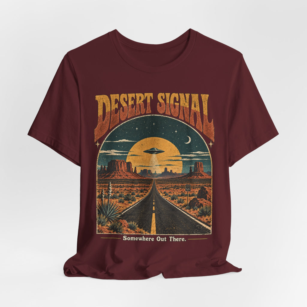 Desert Signal UFO Highway T-Shirt in Maroon - retro desert UFO highway graphic tee, Barely Outdoorsy Bella Canvas