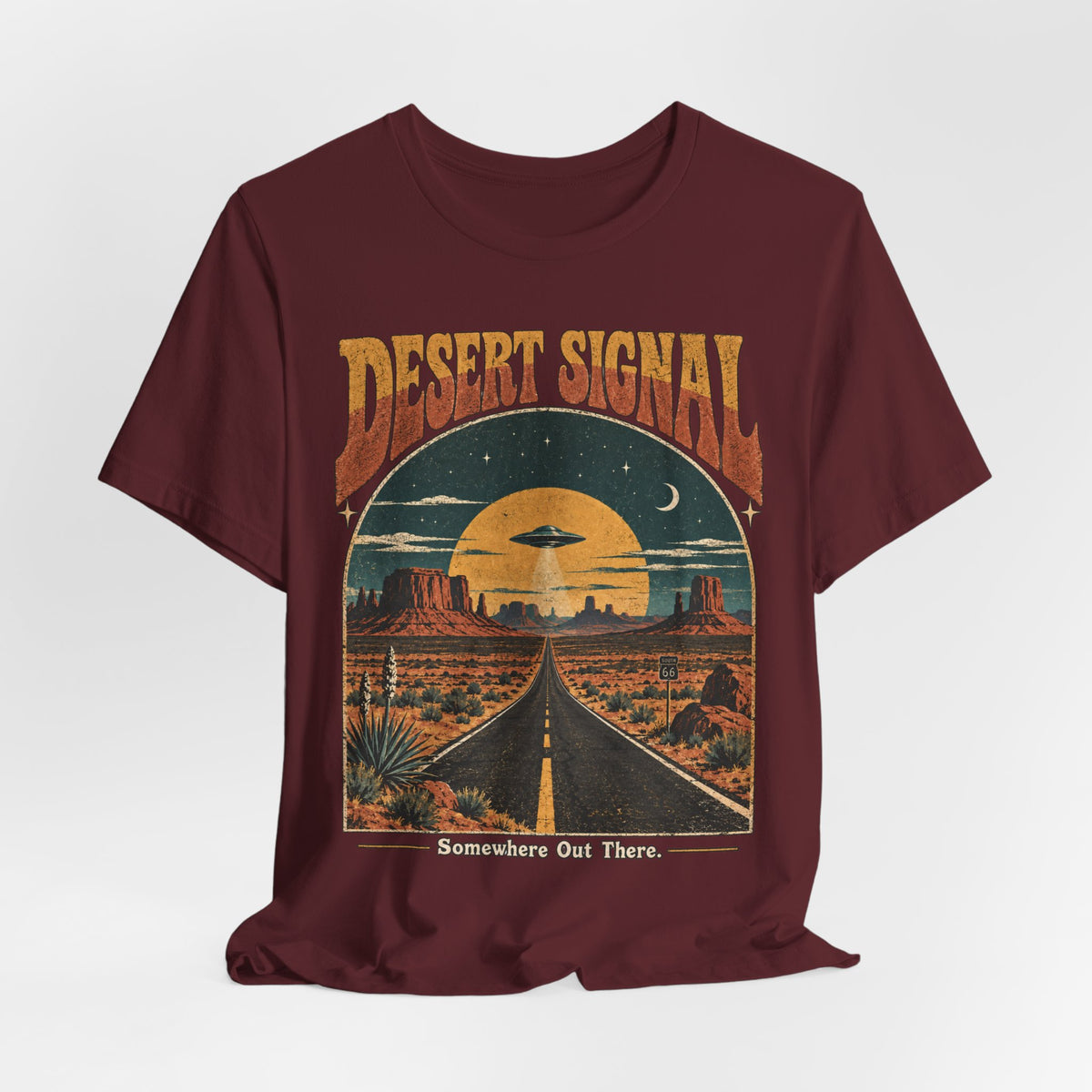 Desert Signal UFO Highway T-Shirt in Maroon - retro desert UFO highway graphic tee, Barely Outdoorsy Bella Canvas