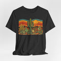Retro Cactus Garden Desert Sunset Tee flat lay Dark Grey Heather - unisex crew neck cactus garden graphic tee, Barely Outdoorsy
