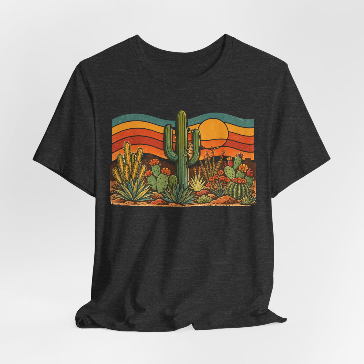 Retro Cactus Garden Desert Sunset Tee flat lay Dark Grey Heather - unisex crew neck cactus garden graphic tee, Barely Outdoorsy
