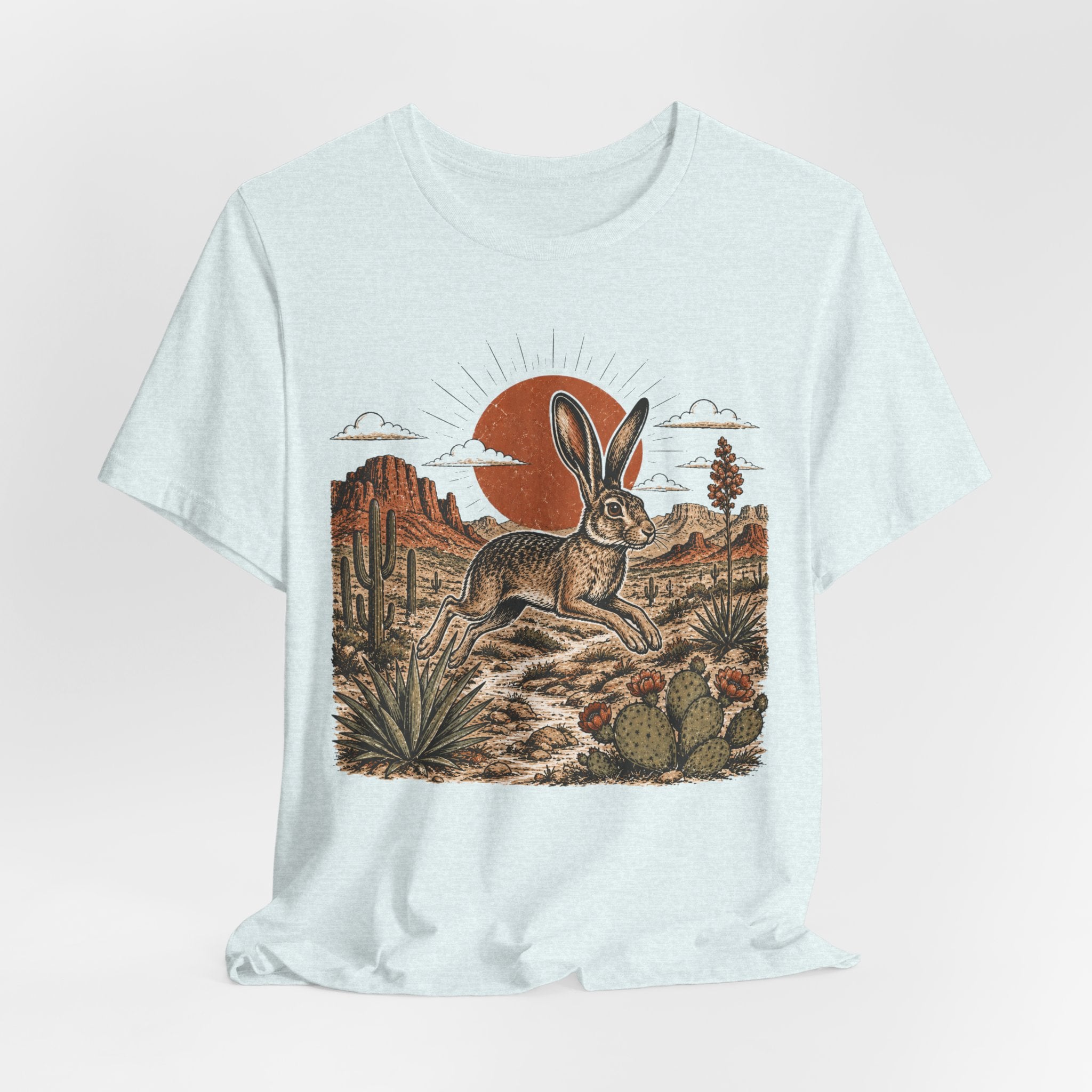 Desert Jackrabbit Sunset T-Shirt in Heather Prism Lilac - bold jackrabbit desert sunset graphic tee, Barely Outdoorsy