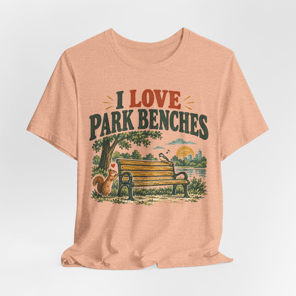 I Love Park Benches Tee in Heather True Royal - funny park bench hiking humor shirt, Barely Outdoorsy
