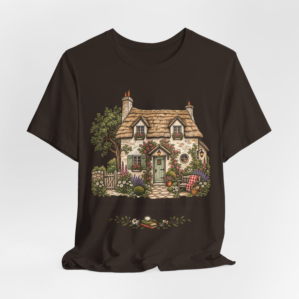 English Village Mysteries Funny Cozy T-Shirt flat lay Dark Grey Heather - unisex crew neck cozy mystery graphic tee, Barely Outdoorsy