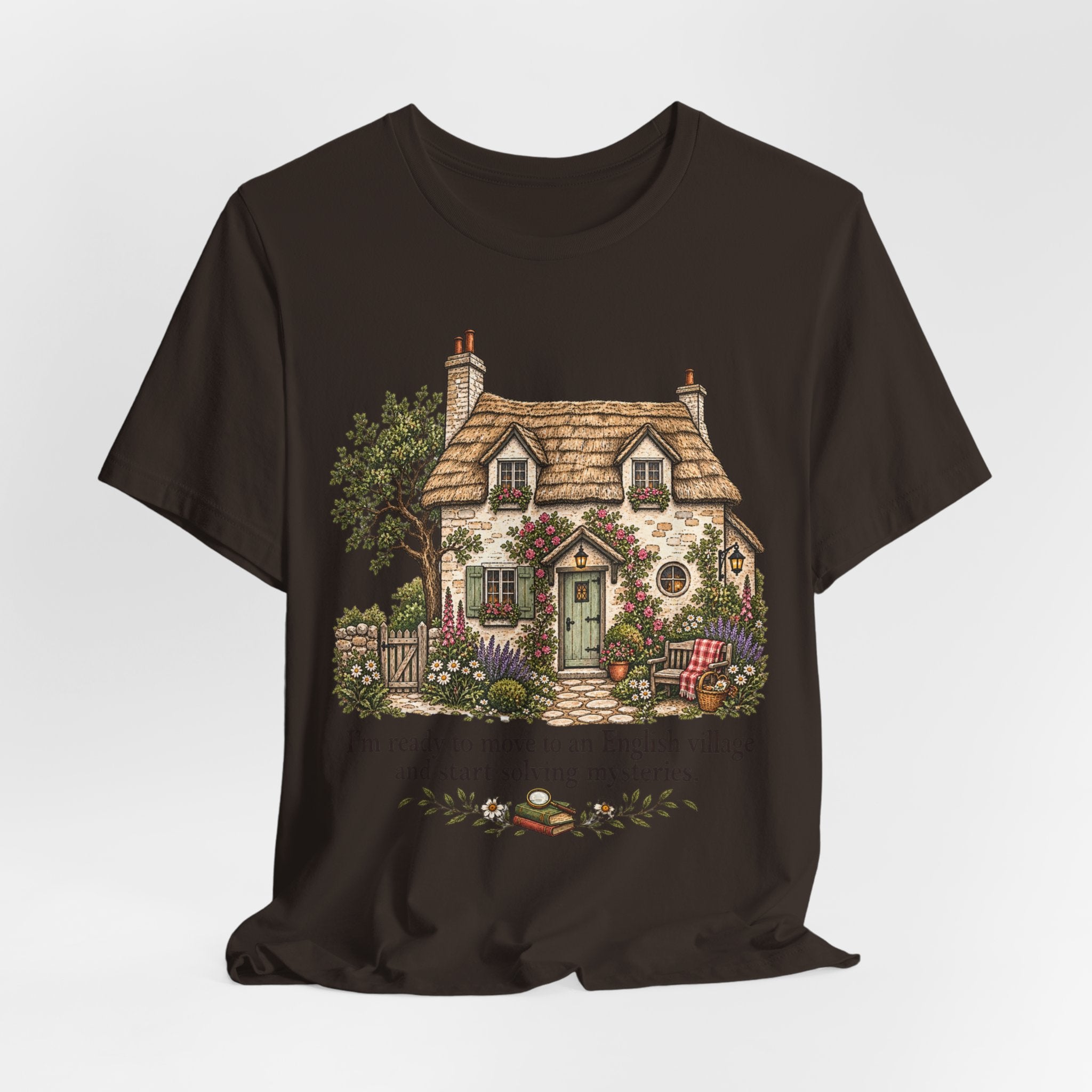 English Village Mysteries Funny Cozy T-Shirt flat lay Dark Grey Heather - unisex crew neck cozy mystery graphic tee, Barely Outdoorsy