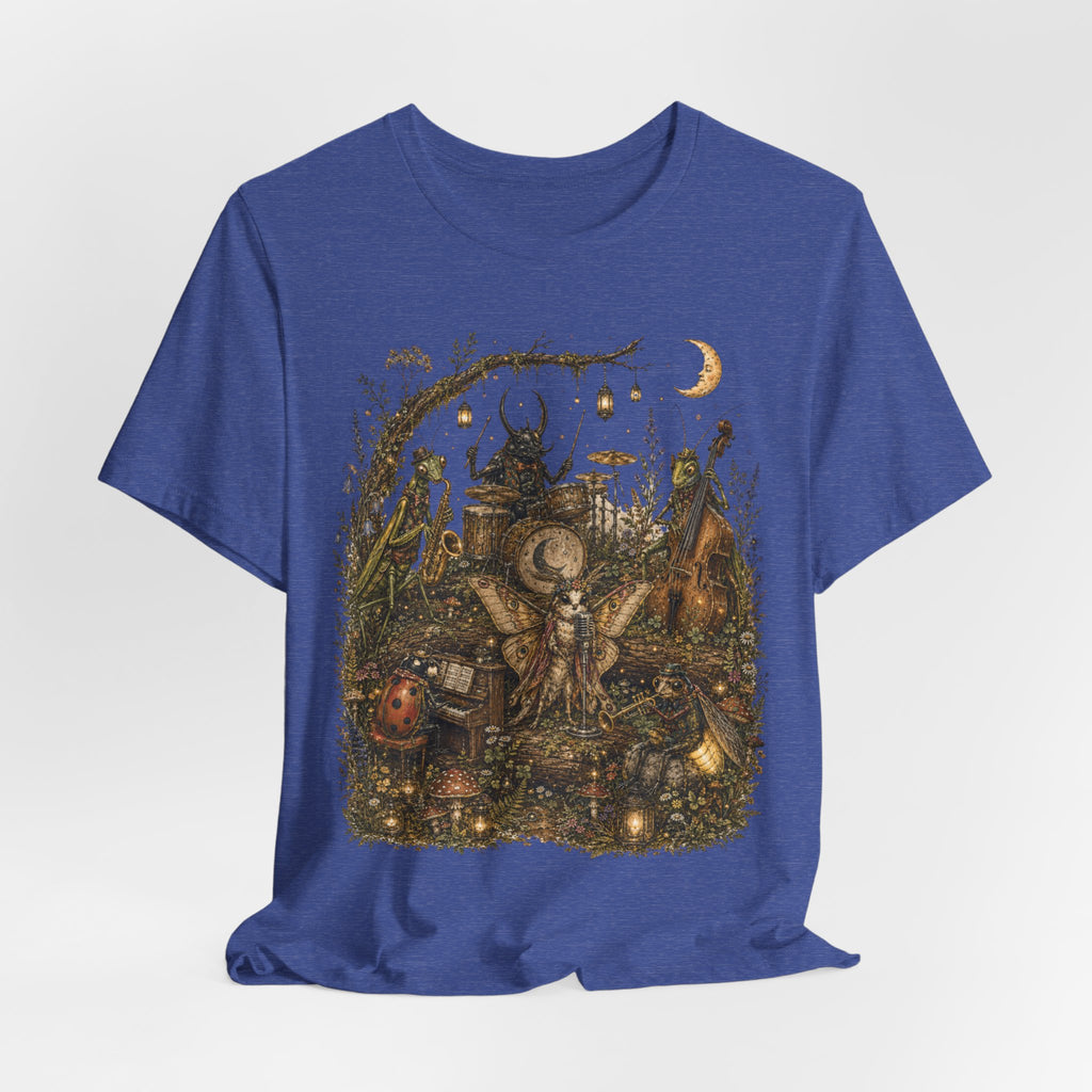 Bug Band Moonlight Concert Tee in Dark Grey Heather detail - insect band moonlight close-up graphic