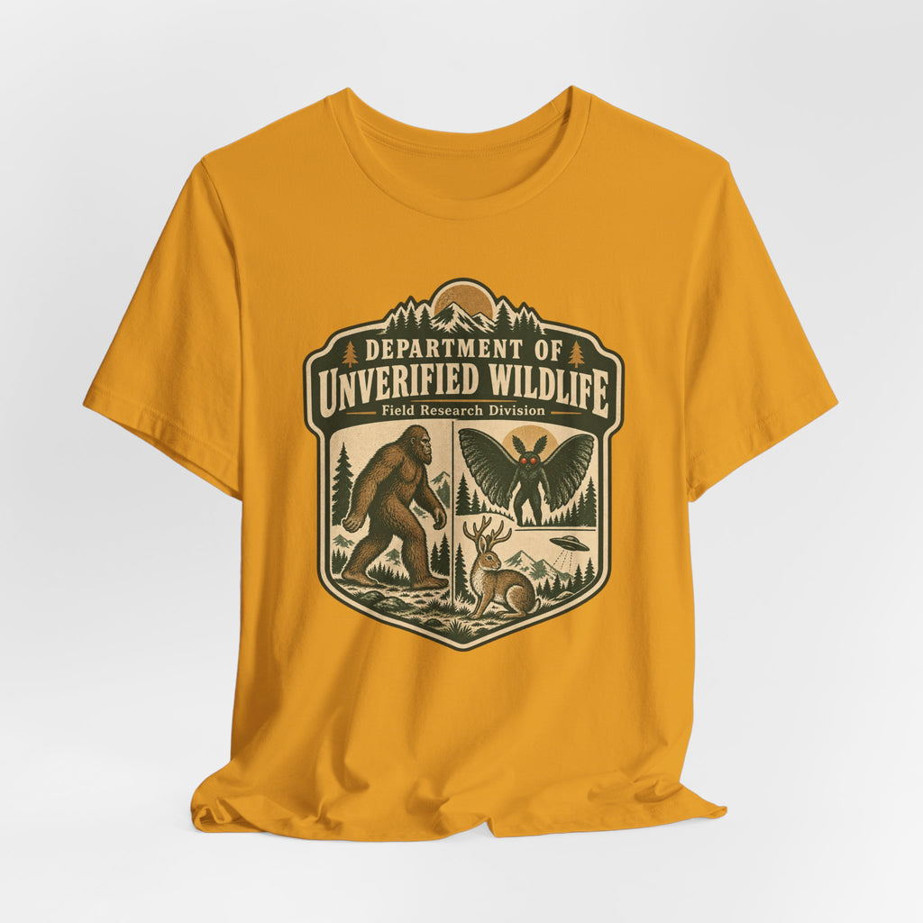 Department of Unverified Wildlife T-Shirt in White - funny cryptid department graphic tee, Barely Outdoorsy Bella Canvas