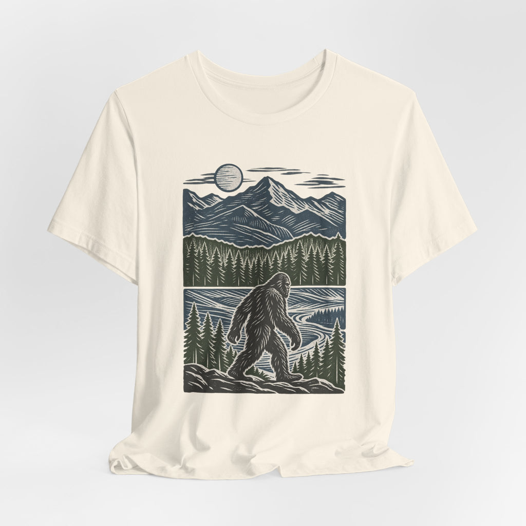 Bigfoot Mountain River T-Shirt in Dark Grey Heather - Pacific Northwest Bigfoot mountain river graphic tee, Barely Outdoorsy Bella Canvas 3001