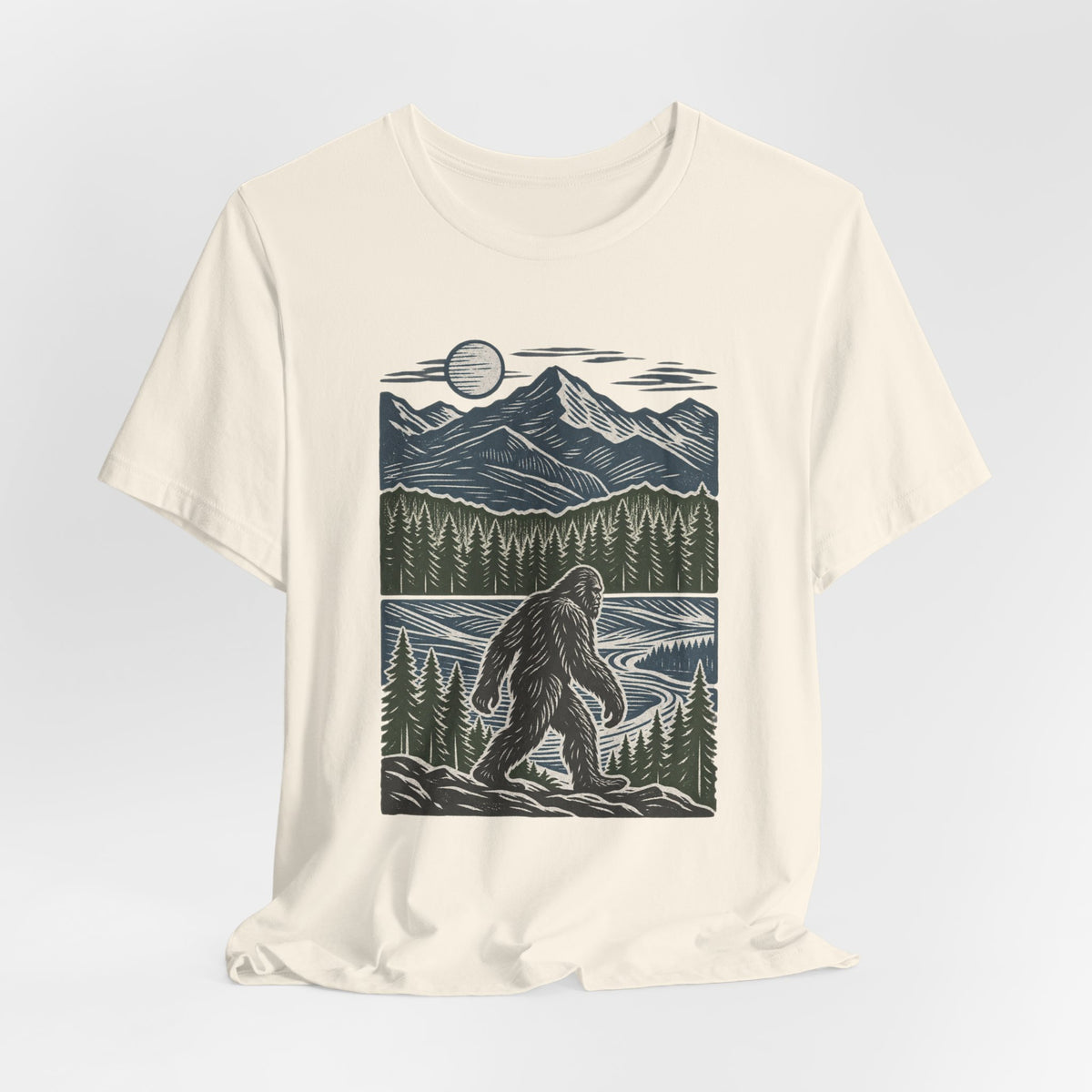 Bigfoot Mountain River T-Shirt in Dark Grey Heather - Pacific Northwest Bigfoot mountain river graphic tee, Barely Outdoorsy Bella Canvas 3001