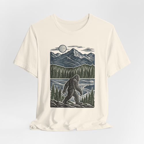 Bigfoot Mountain River T-Shirt in Dark Grey Heather - Pacific Northwest Bigfoot mountain river graphic tee, Barely Outdoorsy Bella Canvas 3001