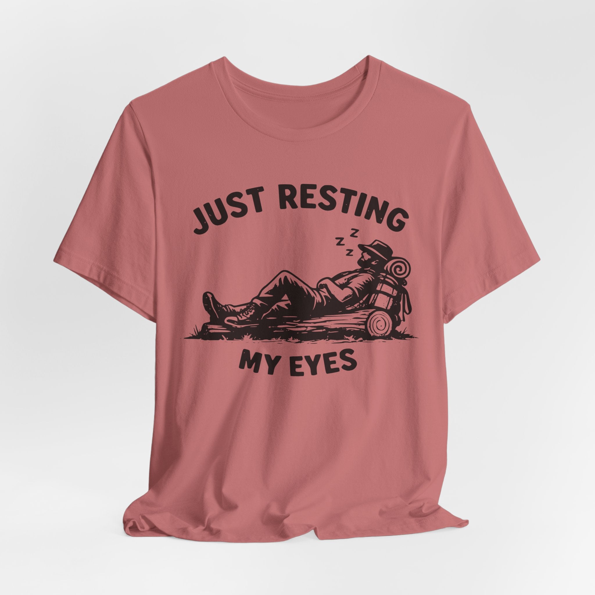 Just Resting My Eyes Tee in Heather Peach - funny hiking nap humor shirt, Barely Outdoorsy Bella Canvas 3001