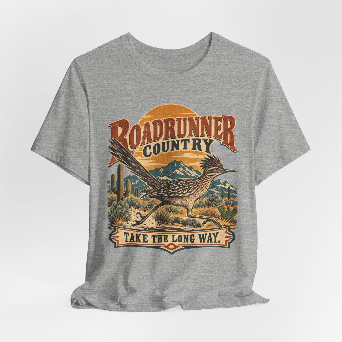 Roadrunner Country Tee in Black Heather - retro roadrunner country shirt, Barely Outdoorsy Bella Canvas