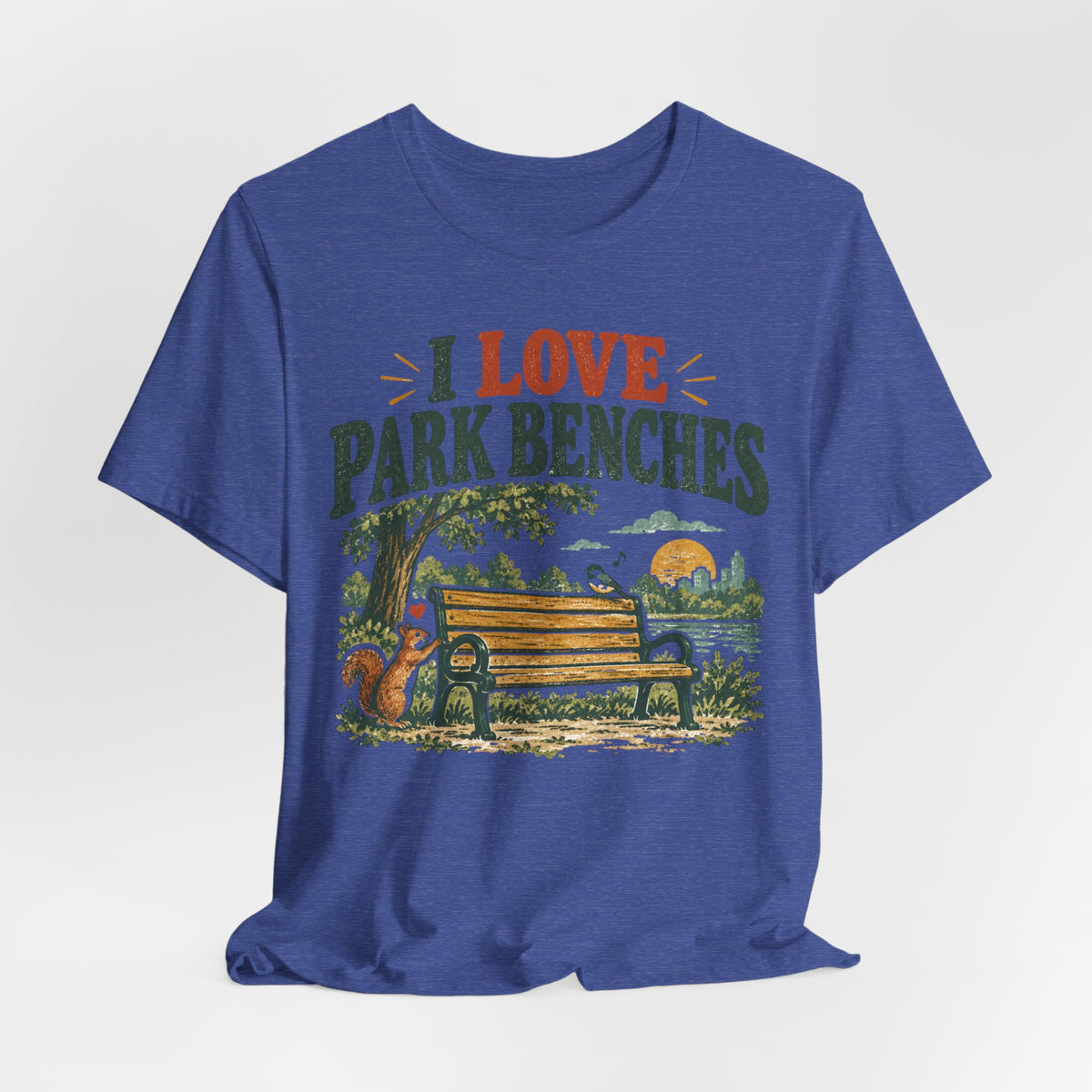 I Love Park Benches Tee in Heather Prism Ice Blue - funny park bench outdoor shirt, Barely Outdoorsy Bella Canvas