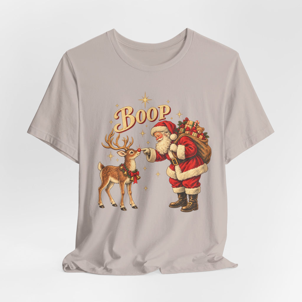 Santa Boop Reindeer Christmas T-Shirt in Heather Team Purple - funny Santa boop reindeer Christmas holiday graphic tee, Barely Outdoorsy