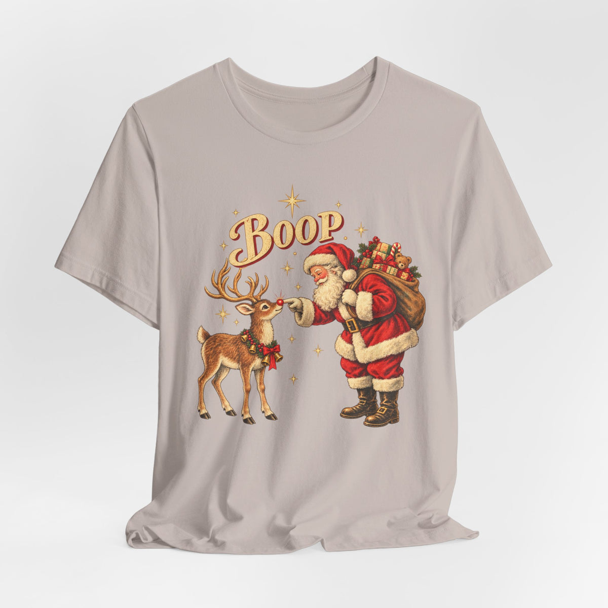 Santa Boop Reindeer Christmas T-Shirt in Heather Team Purple - funny Santa boop reindeer Christmas holiday graphic tee, Barely Outdoorsy