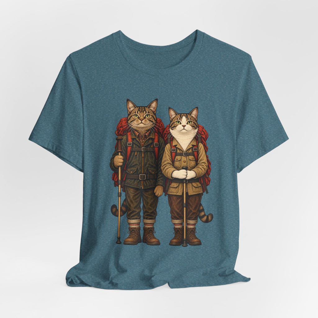 Cat Backpacker Buddies T-Shirt in Heather Green - funny cat backpacker buddies graphic tee, Barely Outdoorsy Bella Canvas