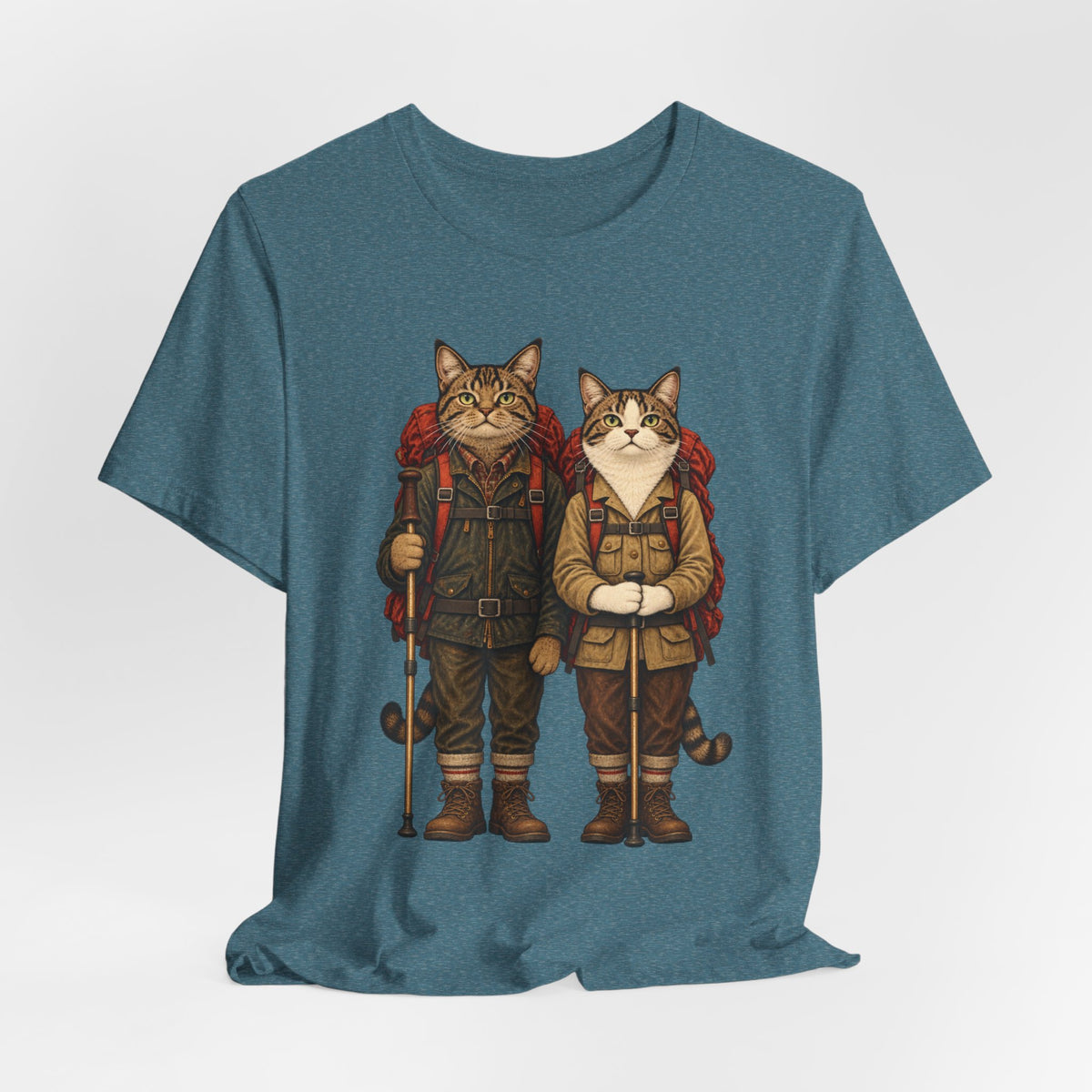 Cat Backpacker Buddies T-Shirt in Heather Green - funny cat backpacker buddies graphic tee, Barely Outdoorsy Bella Canvas