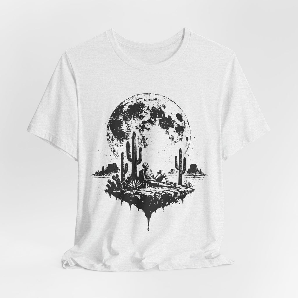 Skeleton Desert Coffee T-Shirt flat lay Athletic Heather - unisex crew neck skeleton coffee graphic tee, Barely Outdoorsy