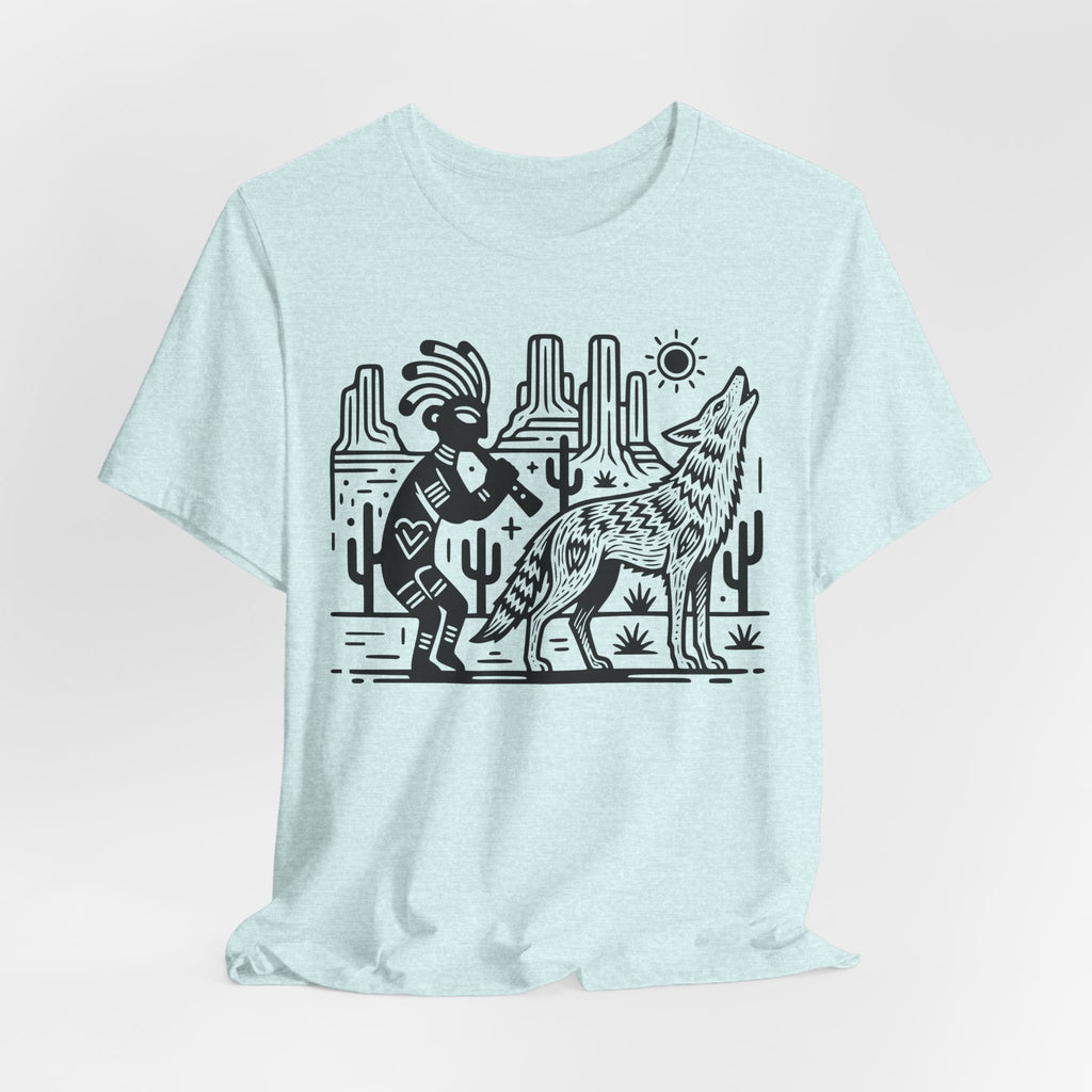 Vintage Coyote Kokopelli Tee in Heather Prism Ice Blue - bold linocut desert coyote flute shirt, Barely Outdoorsy Bella Canvas 3001