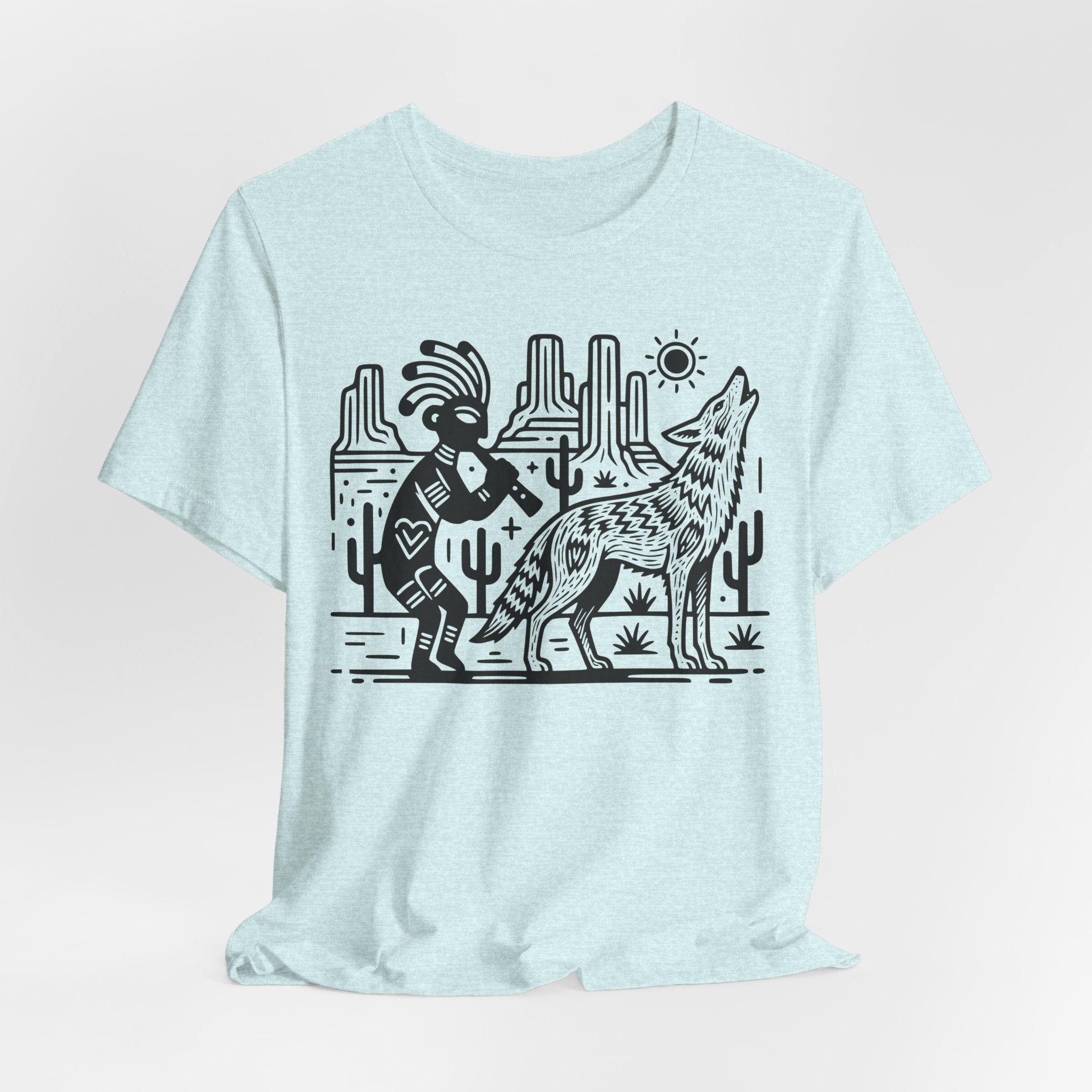 Vintage Coyote Kokopelli Tee in Heather Prism Ice Blue - bold linocut desert coyote flute shirt, Barely Outdoorsy Bella Canvas 3001