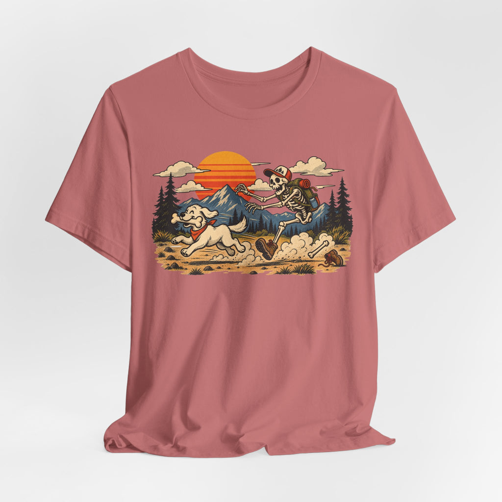 Skeleton Hiker Playing Fetch Tee in Heather Prism Lilac - funny skeleton hiking dog humor shirt, Barely Outdoorsy Bella Canvas 3001