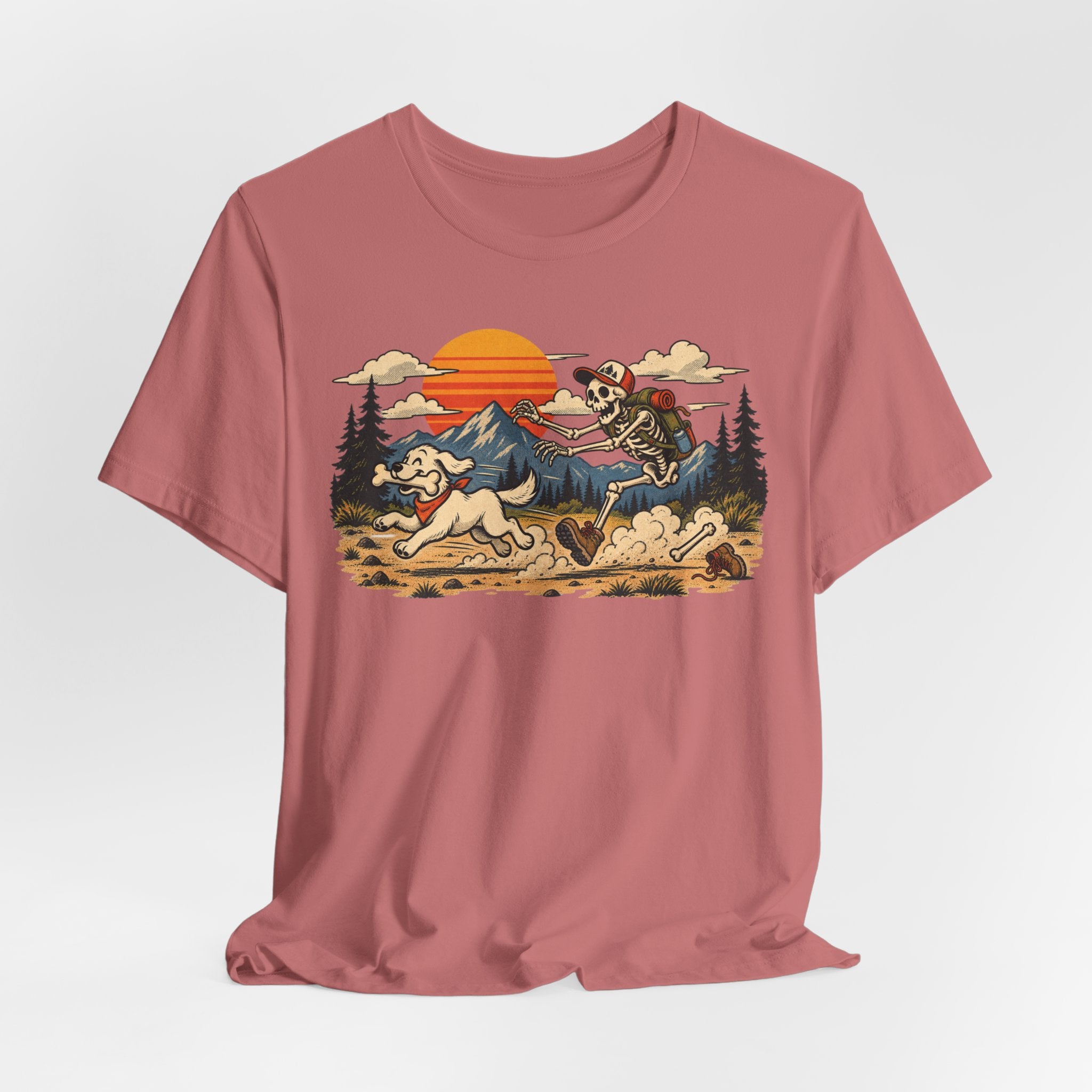 Skeleton Hiker Playing Fetch Tee in Heather Prism Lilac - funny skeleton hiking dog humor shirt, Barely Outdoorsy Bella Canvas 3001