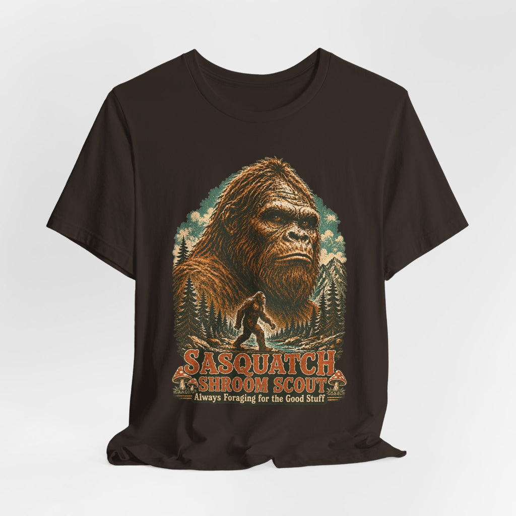 Sasquatch Shroom Scout T-Shirt in Heather Peach - funny Bigfoot mushroom graphic tee, Barely Outdoorsy