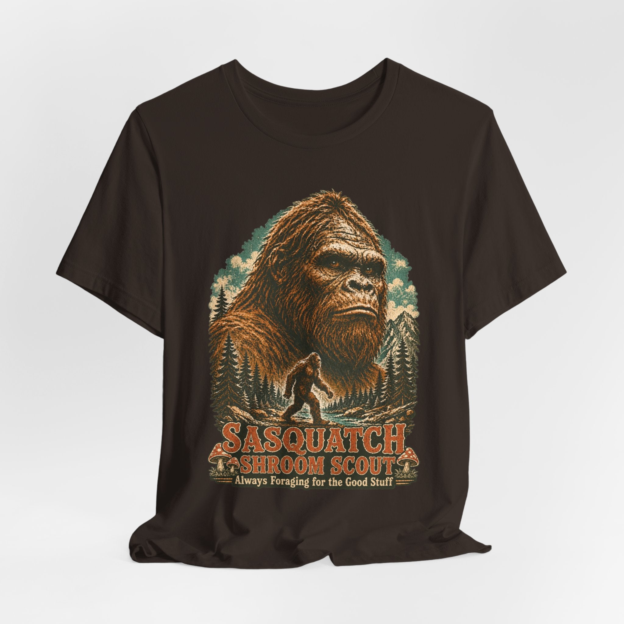 Sasquatch Shroom Scout T-Shirt in Heather Peach - funny Bigfoot mushroom graphic tee, Barely Outdoorsy