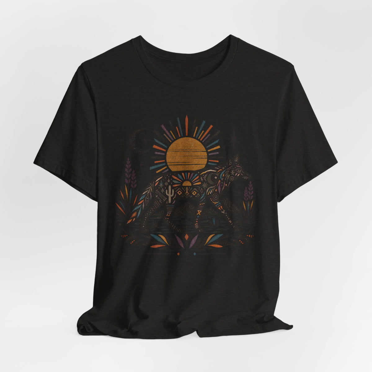 Boho Desert Sun Coyote T-Shirt in Heather Maroon - boho Southwest desert sun coyote mandala graphic tee, Barely Outdoorsy