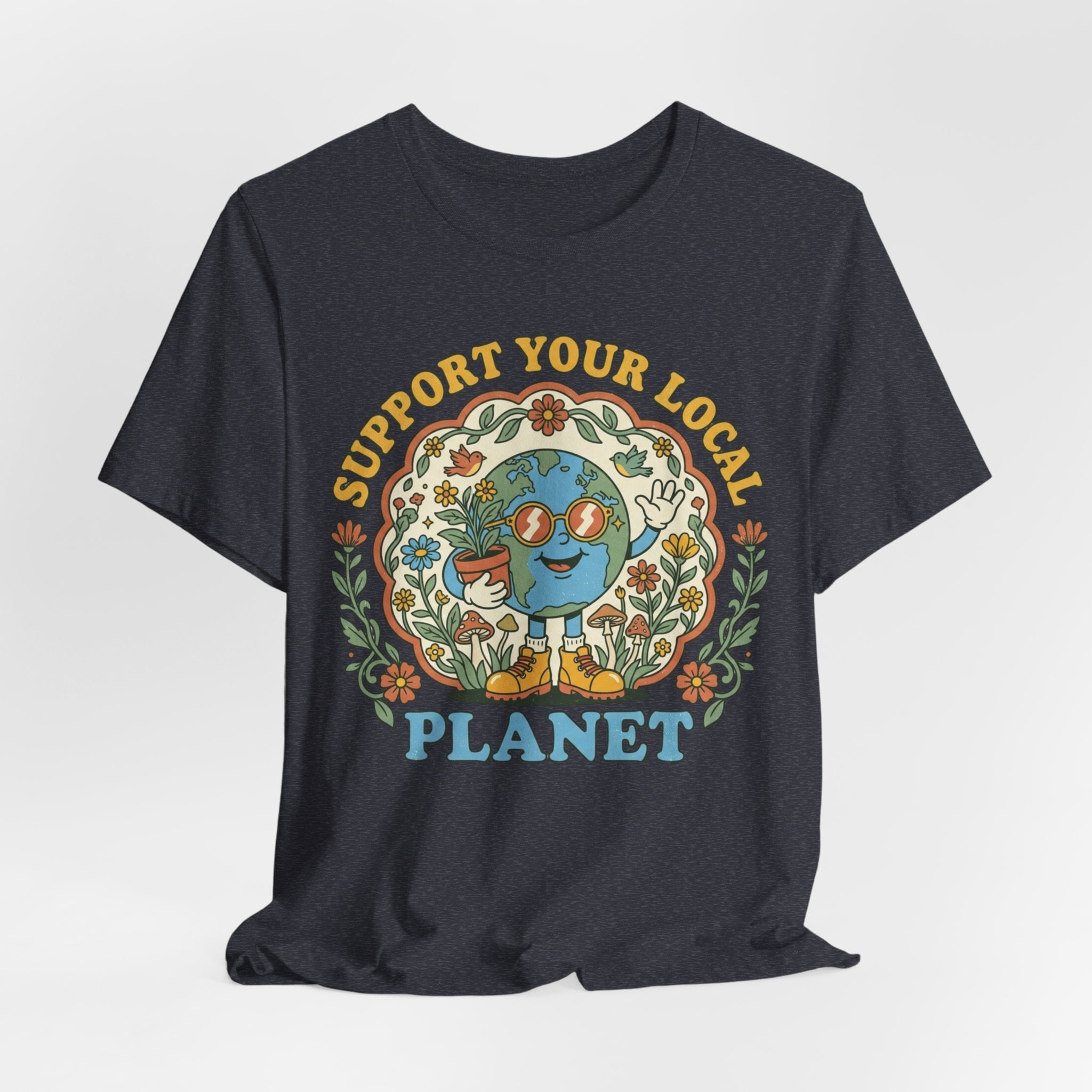 Support Your Local Planet T-Shirt flat lay Dark Grey Heather - unisex crew neck environmental humor graphic tee, Barely Outdoorsy