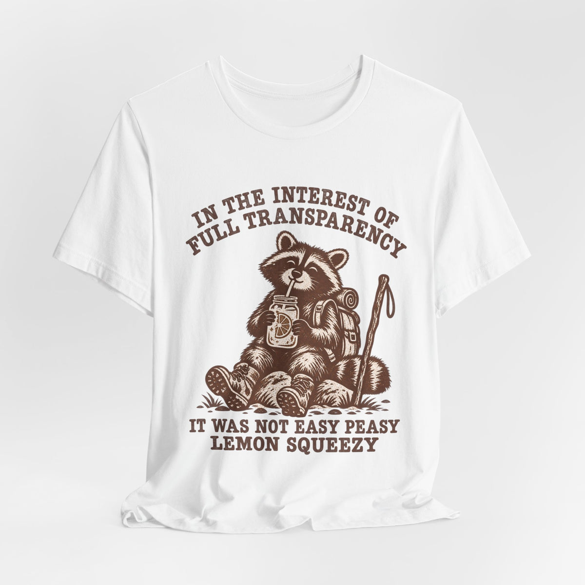 Full Transparency Lemon Squeezy Raccoon Hiking T-Shirt in Athletic Heather - funny raccoon hiking humor graphic tee, Barely Outdoorsy Bella Canvas 3001