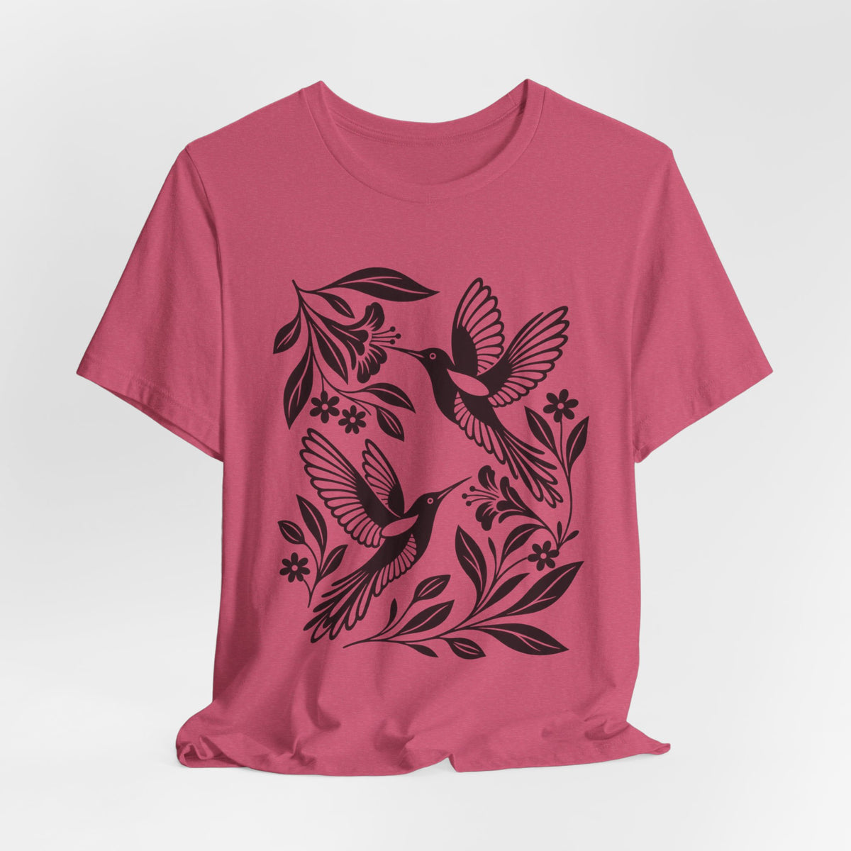 Hummingbird Minimalist Folk Art T-Shirt in Heather Brown - minimalist folk art hummingbird birding graphic tee, Barely Outdoorsy Bella Canvas 3001