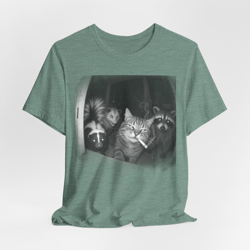 Midnight Trash Crew T-Shirt in Heather Green - funny goblincore raccoon opossum midnight crew graphic tee, Barely Outdoorsy