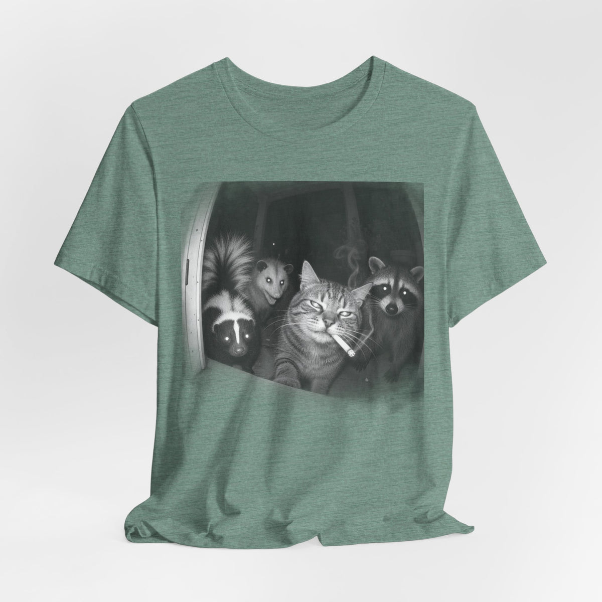 Midnight Trash Crew T-Shirt in Heather Green - funny goblincore raccoon opossum midnight crew graphic tee, Barely Outdoorsy