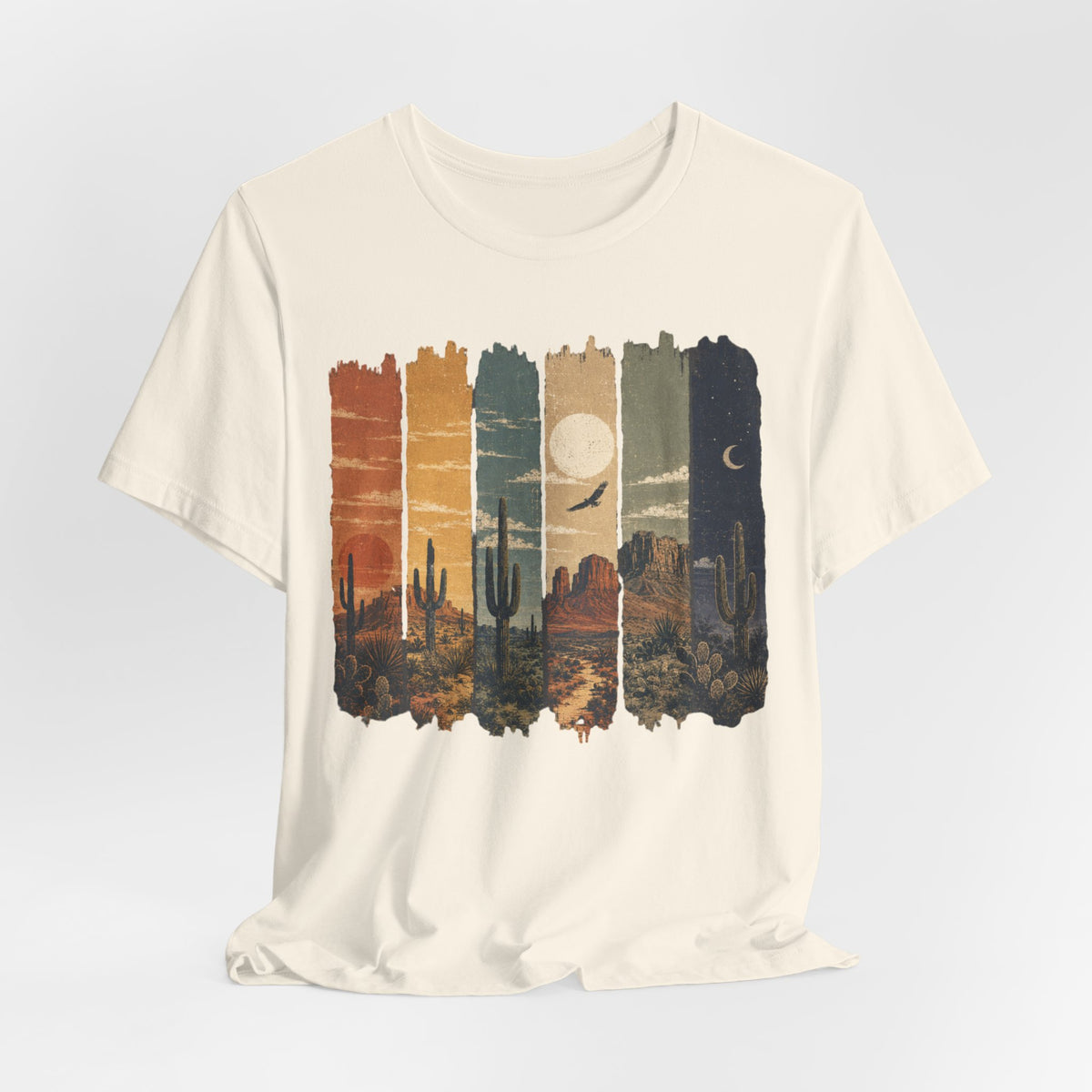 Desert Day to Night Saguaro T-Shirt in Athletic Heather - Southwest saguaro day night graphic tee, Barely Outdoorsy Bella Canvas 3001